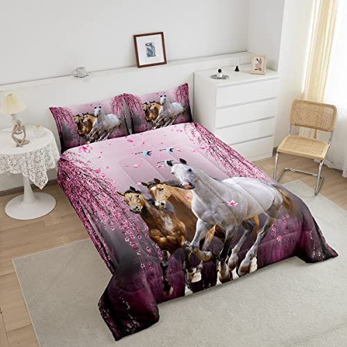 Girls Horse Full Size Comforter Set Cherry Blossom Galloping Horse Bedding Set For Kids Boys Teens Western Horse Duvet Comforter Floral Animal Decor Horse Gifts For Girls Quilt Set Bedroom 3Pcs,Pink #TOP2