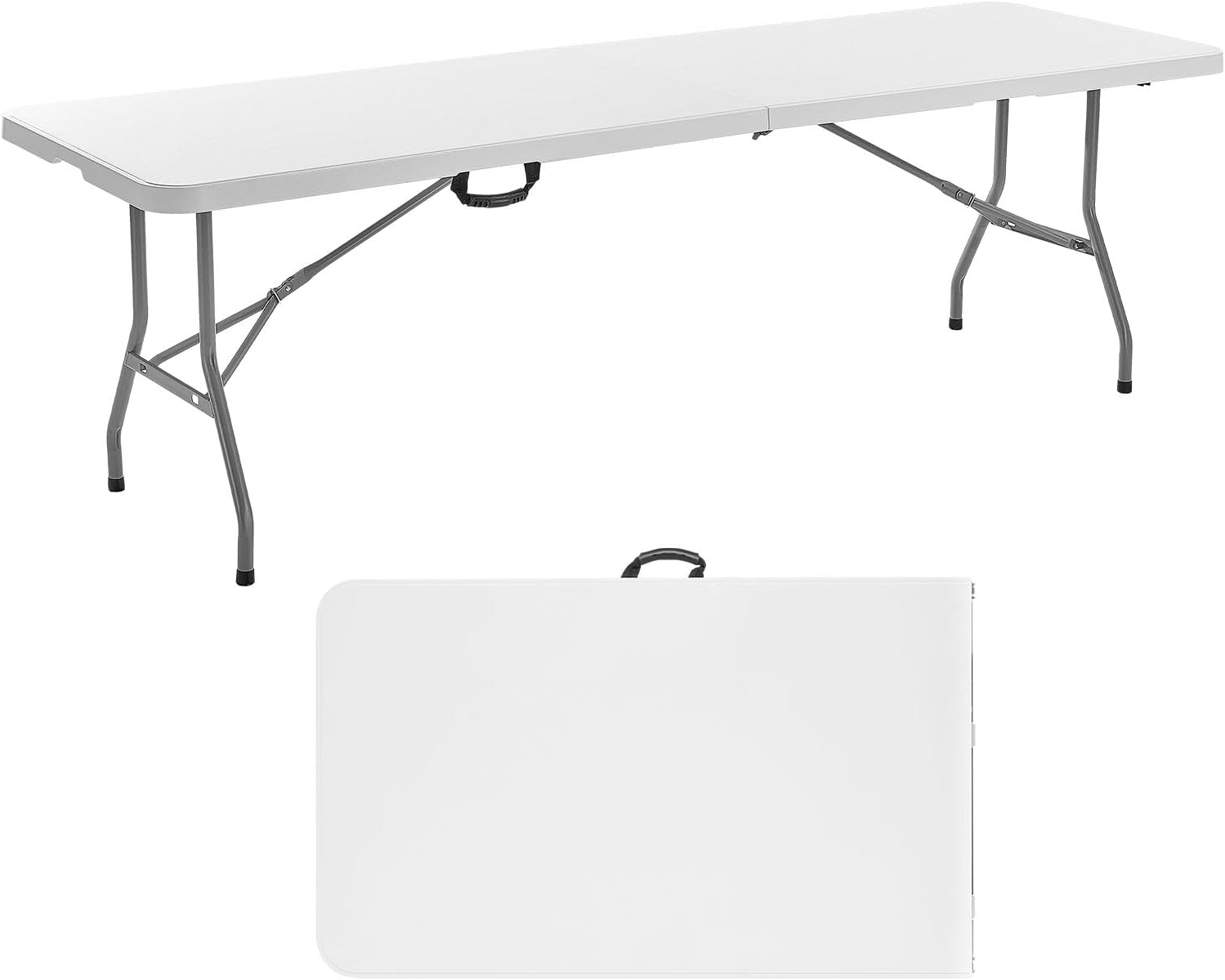 VEVOR Folding Table, Heavy Duty Portable Fold-in-Half Utility Table, Indoor Outdoor Plastic Rectangle Table with Built in Handle, for Party, Dining, Wedding, Events, Picnic, Camping, 8 ft, White