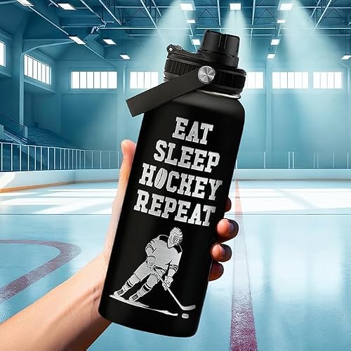 Ice Hockey Insulated Engraved Stainless Steel Water Bottle 32oz, Vacuum Chug Lid Travel Tumbler For Men Friends Hockey Lovers Fans Coaches,Birthday Christmas