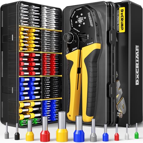 DxCRIMP Hex Ferrule Crimping Tool Kit AWG 24-4 (0.25-25mm) Self-Adjusting Ratcheting Wire Crimper with 11-Type Terminal Assortment for 12V Automotive Marine & Home Electrical Wiring