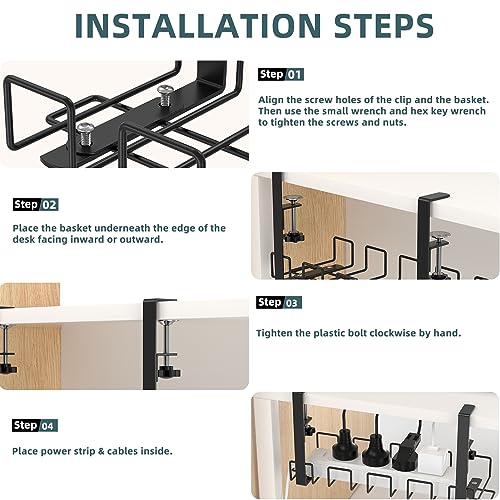 Oyydecor Under Desk Cable Management Tray - 15.7 in No Drill Cable Management Under Desk with Clamps Install, Sturdy Metal Desk Cable Management for College Dorm, Office or Home, Black