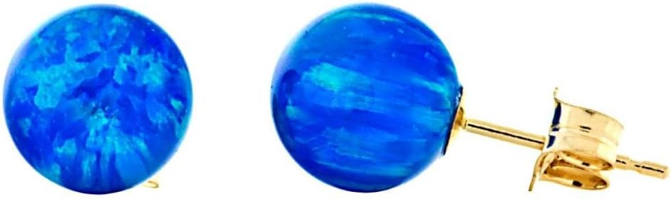 Oceans: 8mm Tropical Blue Created Opal Ball Stud Post Earrings, Solid 14k Gold