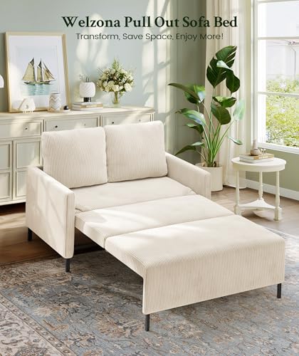 Welzona 47.2" Convertible Sofa Bed Couch, Comfy Corduroy Loveseat Sleeper Sofa, 620lbs Capacity Couch Bed, Easy Setup Love Seat Sleeper Bed 2 Pillows, Small Couches for Living Room/Office, Beige White — view 6