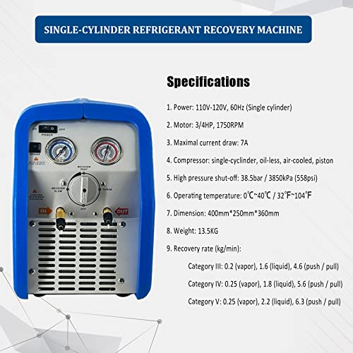 3/4 HP Single Cylinder Refrigerant Recovery Machine, 110V 60 Hz Portable Oil-less Freon Recycling Unit for Both Liquid and Vapor Refrigerant, for Automotive A/C System, Household HVAC System