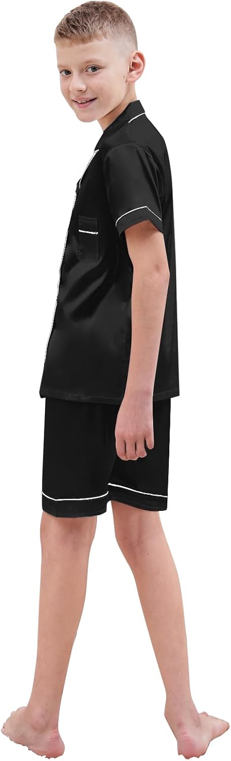 Schbbbta Boys Silk Pajamas Button Down Sleepwear Satin Nightwear 2 Pcs Pj Set - Image 6