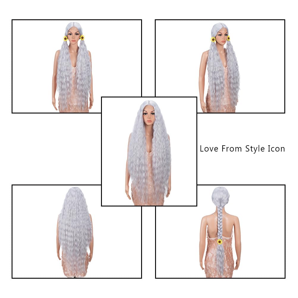 Style Icon 41" Lace Front Wigs Long Wavy Synthetic Wigs with Baby Hair Silver Grey Bohemian Style Half Hand Tied 130% Density Wigs (41", THISTLE)
