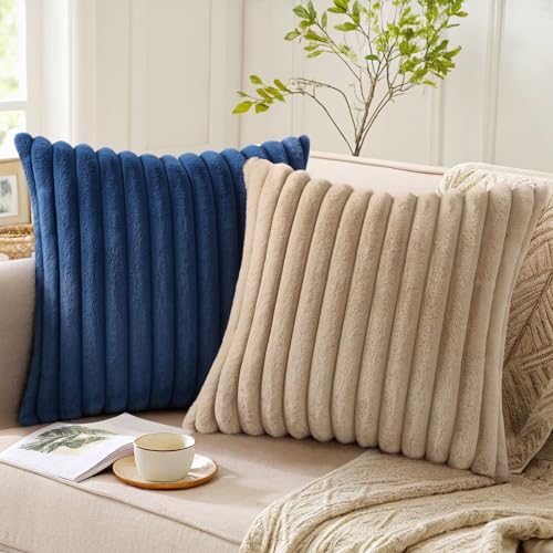 Image of Pallene Faux Fur Plush Throw Pillow Covers 26x26 Set of 2, Luxury Soft Fluffy Striped Decorative Pillow Covers for Sofa, Couch, Living Room, Navy Blue