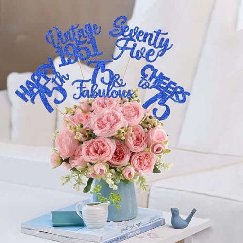 Image of 15 PCS 75th Birthday Centerpiece Sticks Glitter Seventy Five Happy 75 Vintage 1951 Table Flower Centerpieces Sticks Cheers to 75 Fabulous Floral Decorations for 75th Birthday Party Supplies Blue