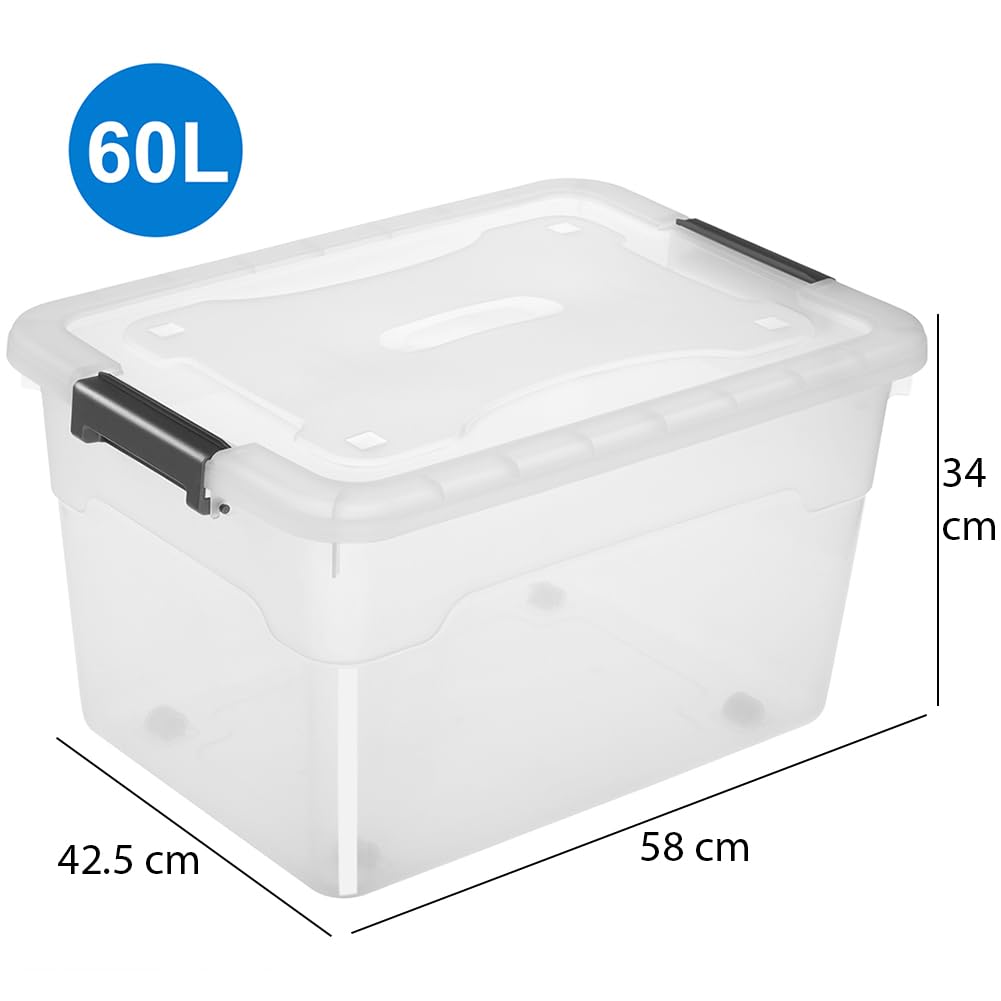 BAKAJI Set 4 Contenitori con Coperchio per Vesiti in Plastica con Ruote, Portaoggetti Impilabile per Stoccaggio Vestiti, Scatole per armadio, Giocattoli, Libri, Salvaspazio (4 x 60 Lt Alto)