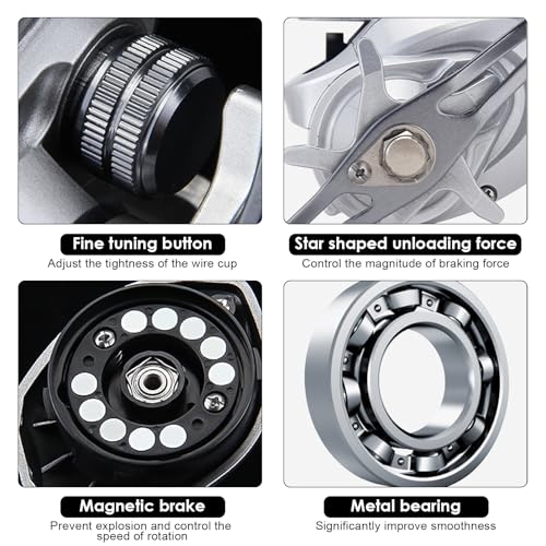 KOSLEOW Baitcast Rolle Angelrolle Linkshänder 7.2:1, Leichte Baitcaster Rolle mit Magnetbremse 20 Stufen, 10kg Zugkraft, Aluminium Spule für Süßwasser und Meeres