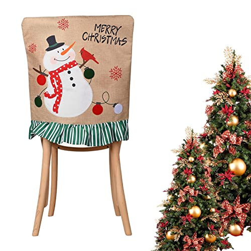 Qingchen Fundas navideñas para sillas - Fundas navideñas para sillas Funda Trasera de Lino Santa Muñeco de Nieve,Decoraciones navideñas Fundas Protectoras para sillas con borlas para Comedor Cocina Cover