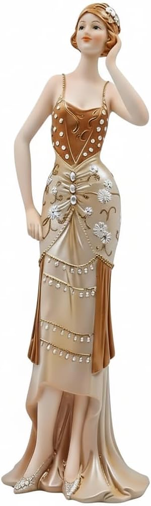 Comfy Hour 13" Glamour Elegance Art Deco Lady Figurine, Elegant Standing Woman Statue in Shimmering Gold and Tan Gown, Roaring 20s Style Desktop Decor Accent, 1 Unit