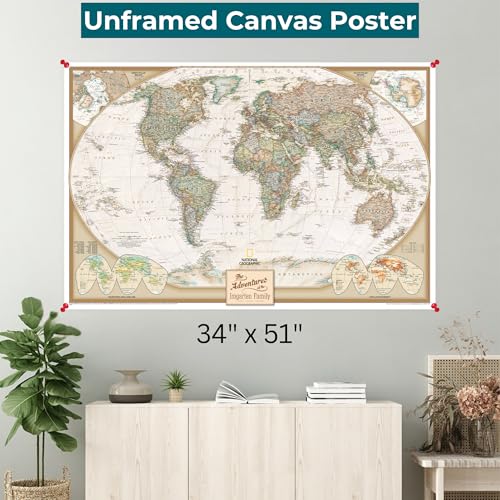 Image of Executive World Map Canvas Poster with Pins - National Geographic Detailed Antique Style Canvas Travel Map - Extra Large 34 inch x 51 inch