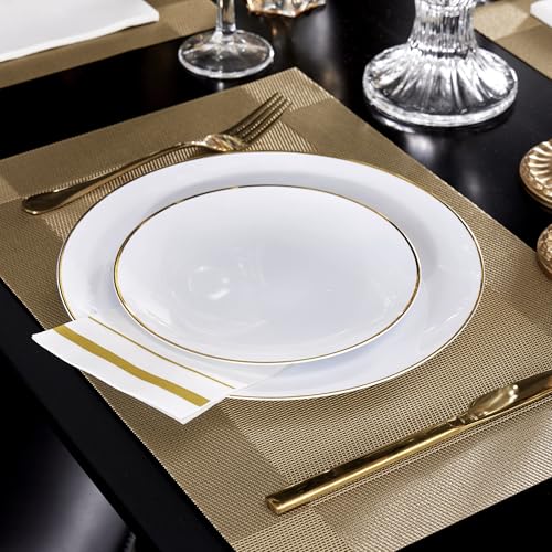Image of 200 Pack 3-Ply Disposable Paper Napkins,White and Gold Trim Dinner Napkins | Elegant,Soft and Absorbent Paper Hand Towels for Kitchen, Wedding, Parties, Dinners or Events (15.7 inch x 13 inch)