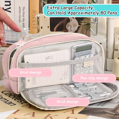 Image of Zibuyu Aesthetic Pencil Pouch for Girls & Boys Double Layer Zip-Up School Pouch, Canvas Pen Storage Organizer Fashion Stationery Pouch for Students, Office Supplies(21x11x7.5cm, Pink)