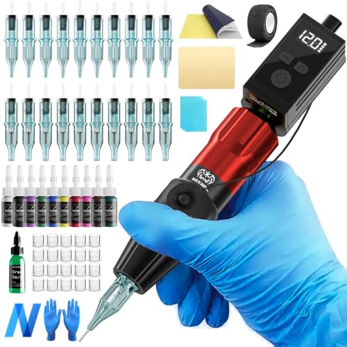 Neebol Wireless Tattoo Gun Kit, 1450mAh Battery with Ring Switch Design, Rotary Tattoo Pen, 20 Cartridge Needles, Complete Tattoo Gun Kit for Beginners and Professionals, Cordless Machine, Red