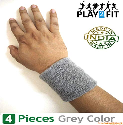 Image of Cotton Blend Play2Fit 4 Wristband (2 Pair) Soft Sweatband For All Sport, Stretchable, Sweat Absorbent Supports Wrist Made In India (Grey, 3 Inch)