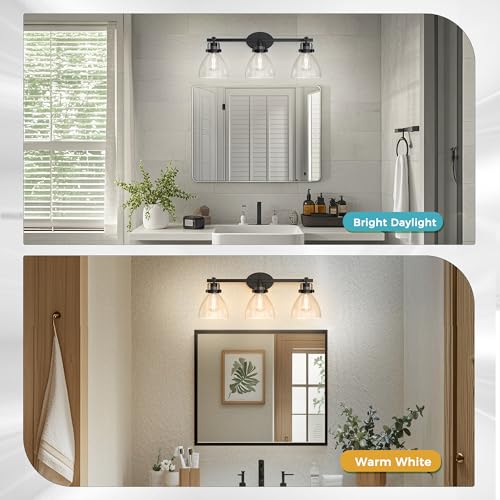 Image of DORESshop 3-Light Black Bathroom Vanity Light Fixture, Modern Wall Mounted Vanity Lighting with Clear Glass Shades - Waterproof & Damp Rated for Bathroom, Powder Room, Dimmable LED Bulb Compatible
