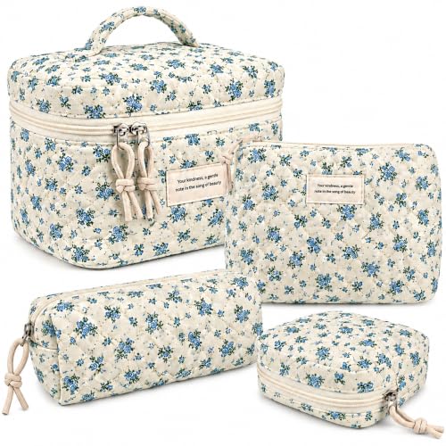 NATINSA Cute Makeup Bag for Women(2 Pcs), Travel Cosmetic Bags, Quilted Coquette Aesthetic Floral Toiletry Organizer Bag (47 - BlueMuDan)