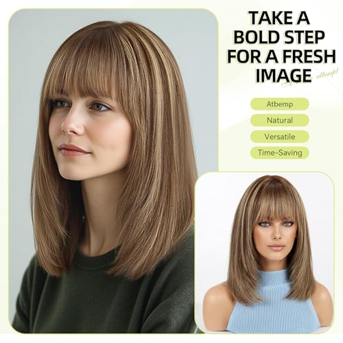Image of RSY 14 Inch Ombre Brown Mixed Blonde Straight and Layered Real Human Hair Wigs for Women with Bangs