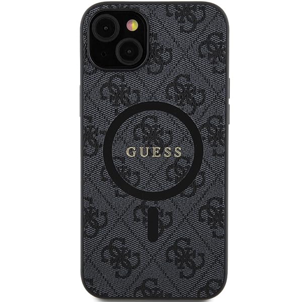 Guess GUHMP15SG4GFRK - Custodia rigida per iPhone 15/14/13 6.1", collezione 4G, con logo in pelle, colore: Nero