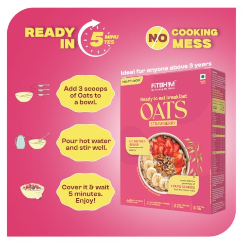 Image of ProToGrow Ready to Eat Strawberry Oats | No Refined Sugar - 300g Box | Instant Breakfast for 3+ yrs | Gluten Free | High Protein & Fibre | 19 Vitamins & Minerals | Real Strawberry, Jaggery