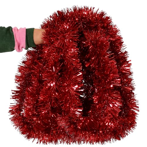 10m Red Chunky Tinsel 10 Metres Sparkly Xmas Garland for Christmas Tree Decorations Home & Office Christmas Décor UK