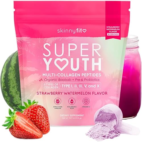 Skinny Fit Supplements: Elevate Your Wellness with Multi-Collagen & Probiotics 3 SkinnyFit Super Youth Strawberry Watermelon Multi-Collagen Peptides + Probiotics, Baobab Fiber, Apple Cider Vinegar, Hyaluronic Acid, & Vitamin C, Skin, Hair, Joint & Metabolism Support, 30 Servings