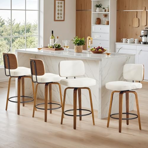 Image of Counter Height Bar Stools Set of 1, 26+inch Swivel Faux Leather Barstool with Back, Upholstered Mid-Century Modern Bar Chairs with Bent Wood Legs for Kitchen Counter, Dining Room,White