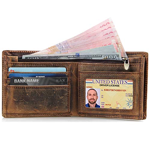 HRS Genuine Leather Wallets for Men-Handmade Vintage Italian Distressed Large Bifold Men's Wallet with RFID Blocking ID Window and Zipper4