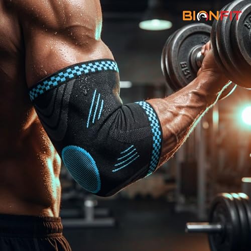 Image of BIONFIT Elbow Support Sleeve Pair for Men & Women | Compression Elbow Brace for Gym, Weightlifting, Tennis & Pain Relief | Breathable Anti-Slip Elbow Support