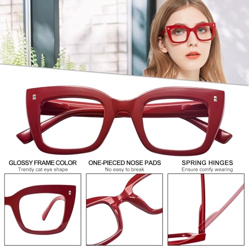 Image of Women's Designer Reading Glasses 1.5 Square Cat Eye Red Readers 1.00 1.25 1.50 1.75 2.00 2.25 2.50 2.75 3.0 3.5 4.0 Trendy Retro Style
