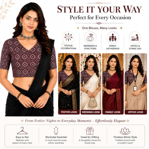Image of Mogsa Women's Kalamkari Print Cotton Stretchable V-Neck Readymade Saree Blouse | Soft Cotton Blend | Stretch Fabric | Ready-to-Wear