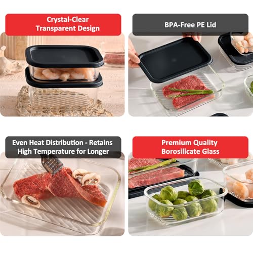 EATEX 12 Pack Glass Meal Prep Containers with Grooved Base, 12 Stackable BPA Free Glass Storage Containers with Lids for Lunch, Pantry, and Kitchen - Microwave, Dishwasher Freezer & Oven Safe - Black by EATEX - Image 4