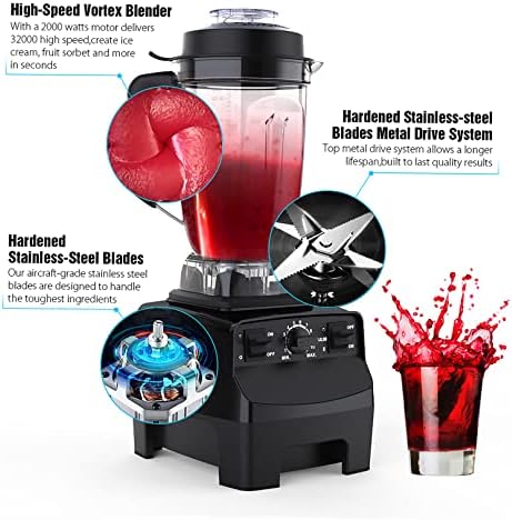 Blender Smoothie Maker, 2000W Smoothie Maker with 10 Adjustable Speeds, Blender Smoothie Maker with 2L BPA Free Food Container, 8 Sharp Stainless Steel Blades for Smoothie, Fruits, 32000RPM