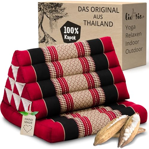 livasia Thaikissen mit 1 Auflage - 75x50x8cm - Dreieckskissen mit Sitzkissen, Keilkissen mit Kapok, Rückenkissen faltbar, Thaimatte zum Klappen,...