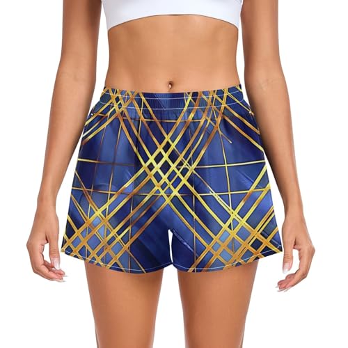 EtherSpher Blue and Gold Plaid Geometric Lines Women's Athletic Shorts Loose&Comfy Girls Beach Shorts for Biking Lounging Jogging Beach Short Cintura alta para Mujer L