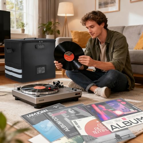 Vinyl Record Storage with 100 Record Sleeves, Fireproof & Water Resistant Record Organizer Box with Lock, Wrinkle-Free Vinyl Clear Sleeves Outer Protective Kits Covers 12.75" Albums 3 Mil Thick by Angela&Alex - Image 6
