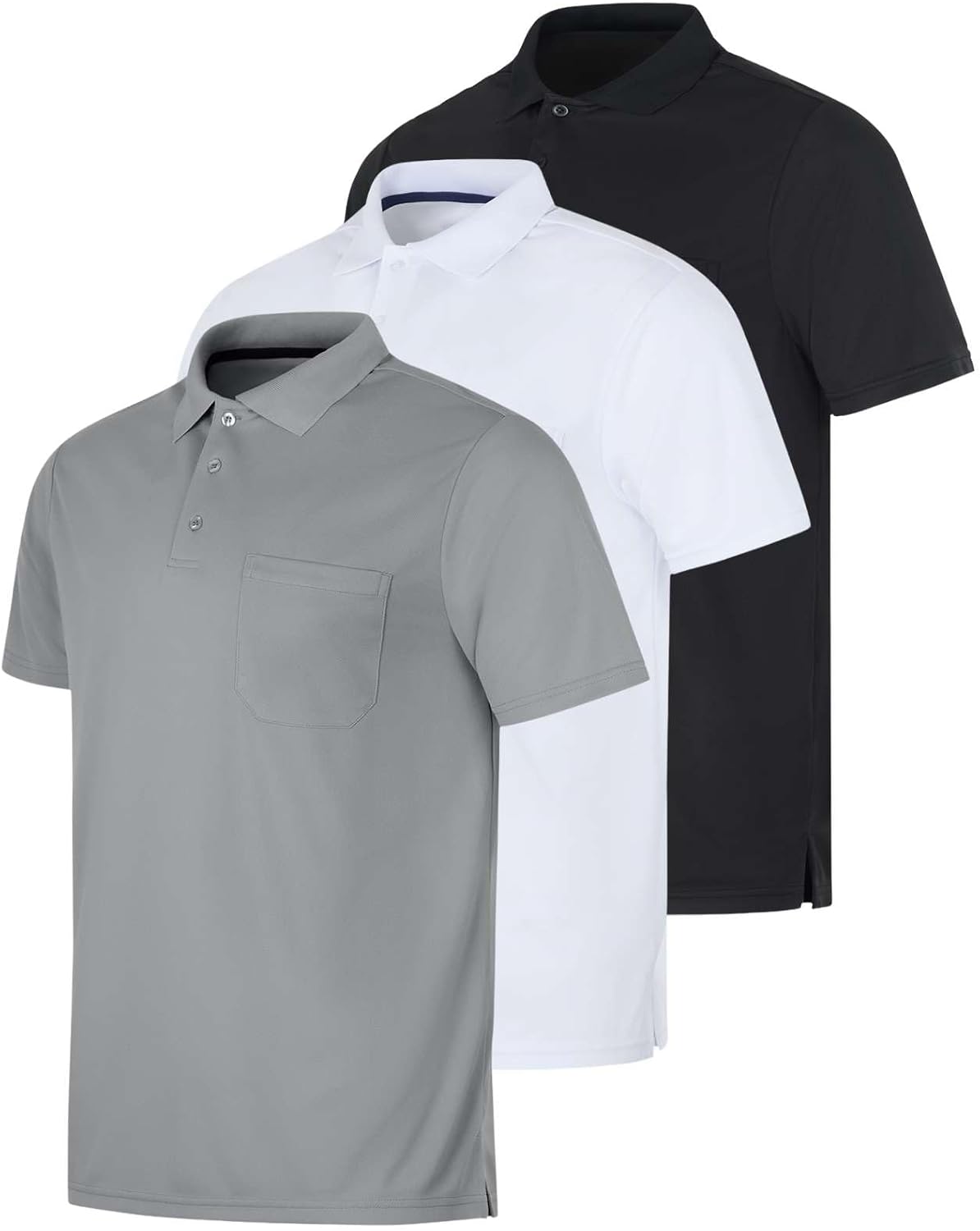 Real Essentials 3 Pack: Mens Short Sleeve Dry-Fit Collared Polo Shirt with Pocket - Active Casual (Available Big & Tall)