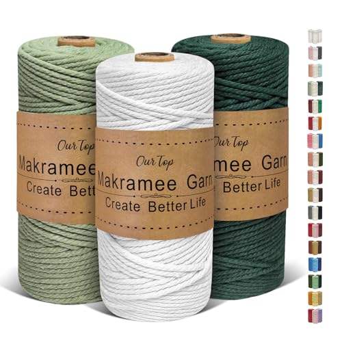 OurTop Premium Makramee Garn 3er Set, 3mm x 100m Macrame Cord Makramee Schnur Makramee Kordel, Garn für DIY Handwerk, Weben Dekoration, Hängepflanze Pflanze Aufhänger(Weiß, Hellgrün, Dunkelgrün)