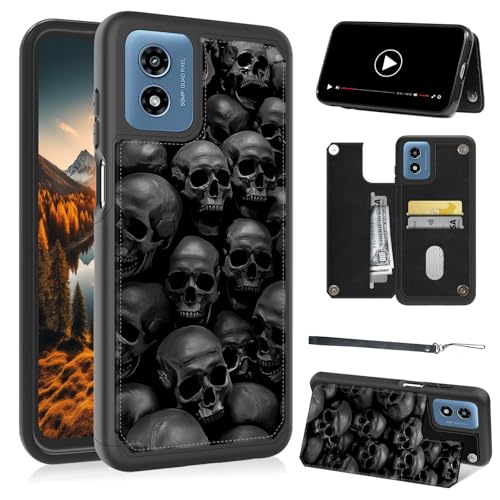 AIRWEE Wallet Case for Motorola Moto G Play 4G 2024 6.5", Dark Skull PU Leather Flip Cover with RFID Blocking Card Holder, Shockproof Stand Protective Case & Lanyard