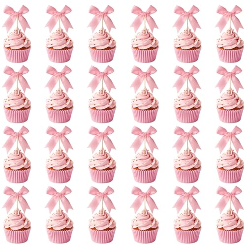 24 Pezzi Topper per Cupcake con Fiocco, Decorazioni Torte con Fiocco Grazioso Nastro in Raso di Poliestere Stecchini Cupcake Decorazioni per Torte di Dessert Feste a Tema Coquette (Rosa)