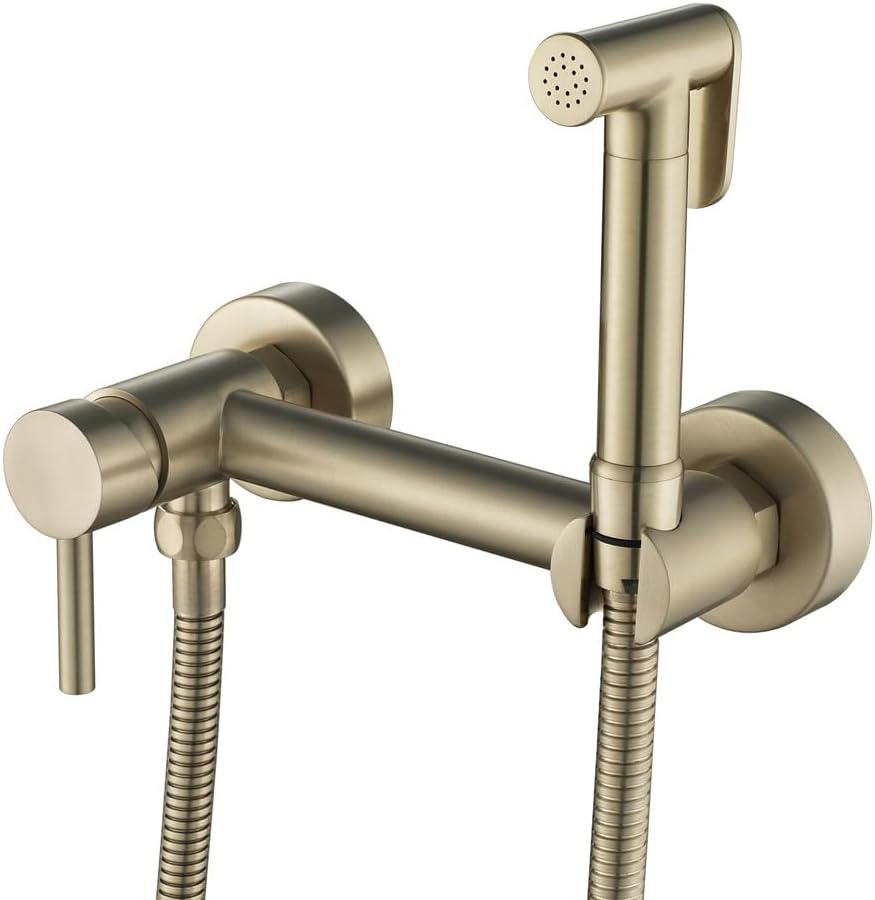 Bidet Sprayer, Circular Douche Spray, Brushed Gold Wall-Mounted Bidet Spray Tap with 1.2m Hose, Toilet Bidet Sprayer with Dual Water Inlet Design for Hot and Cold Water Connection, Brass