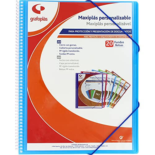 Grafoplás 39842030 Maxiplass Personalisierbarer Ordner mit Spiralbindung, 20 transparente Hüllen, Blau, 30,8 x 24 x 14