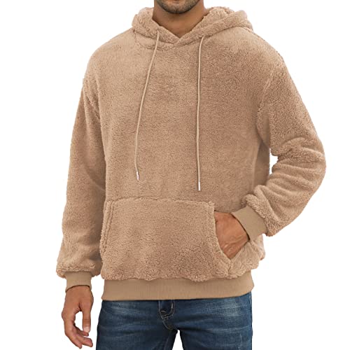 PEGENO Mens Fuzzy Sherpa Hoodie Pullover Sweatshirts Loose Cozy Pocket Long Sleeve Winter Hooded Outwear
