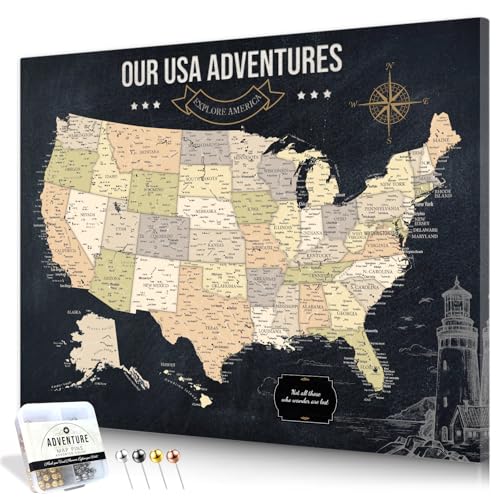 Image of IPIC - Vintage USA Travel Map, Pin Board Canvas Wall Art, Travel Map with Pins Included, Ready to Hang for Home or Office, 30x24 Inch