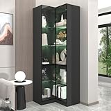 ZORPLIX L-Shaped Glass Display Cabinet With LED Lights, Corner Storage With 4 Glass Doors, Adjustable Shelves, Curio for Collectibles, Living Room