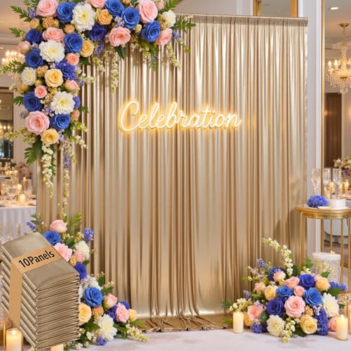 50x10ft Shimmer Champagne Gold Sequin Backdrop Curtain for Parties,Thick Wrinkle Free Glitter Backdrop Drapes Photo Back Drop Curtains for Birthday Wedding Party Photography Background-10 Panels 5x10