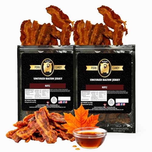 Image of Delicious Maple Bacon Jerky - Made from 100% Real Uncured Bacon - Thick-Cut, Sweet & Savory Candied Bacon Strips - Irresistibly Flavorful Snack - 4oz Total (2 Bags, 2oz Each)