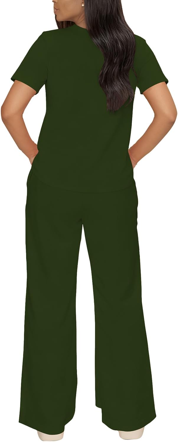 HBQ Women 2 Piece Matching Sets Short Sleeve Top Wide Leg Pants Lounge Outfits Sweatsuits With Pockets - Image 6